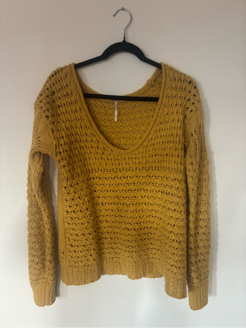 Free People Open-Knit V-Neck Sweater in Mustard